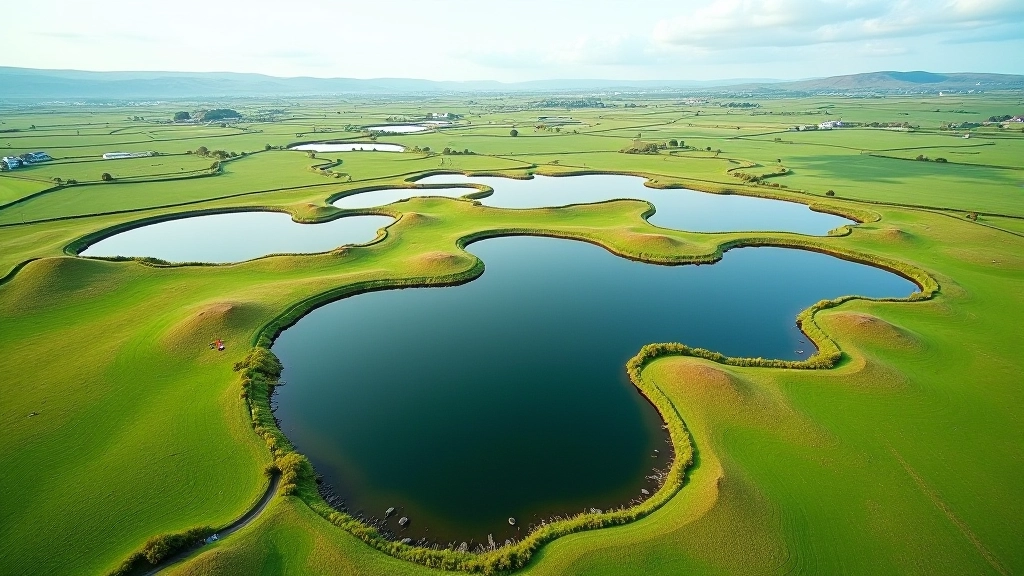 Aerial view of Burren landscape with multiple blue turlough lakes scattered among green fields and limestone pavement