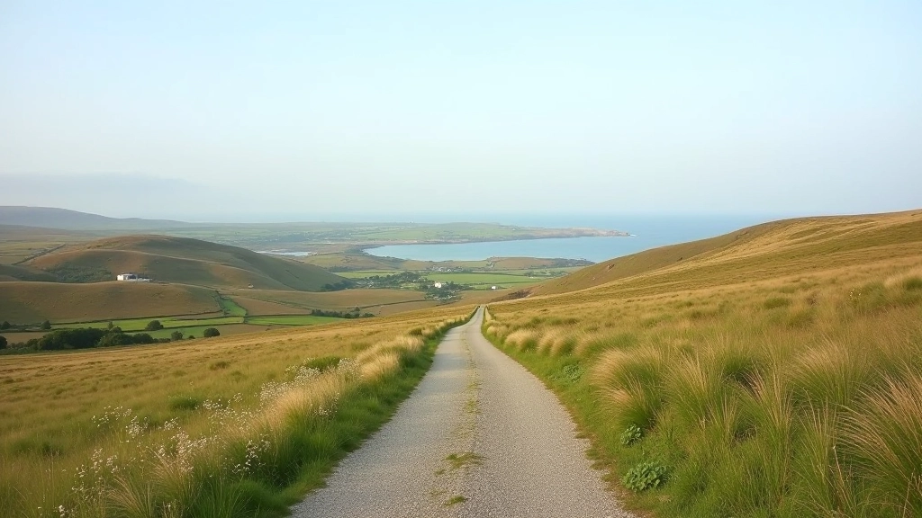 Panoramic view of Burren landscape with rolling hills, distant Galway Bay visible on horizon, limestone pavement in foreground