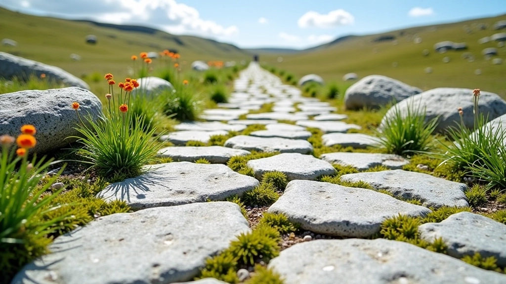 Limestone pavement rocks with wildflowers in the Burren landscape, sunny day with green moss between stones