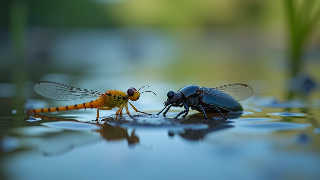 Water beetles and dragonfly nymphs in clear turlough water among aquatic plants