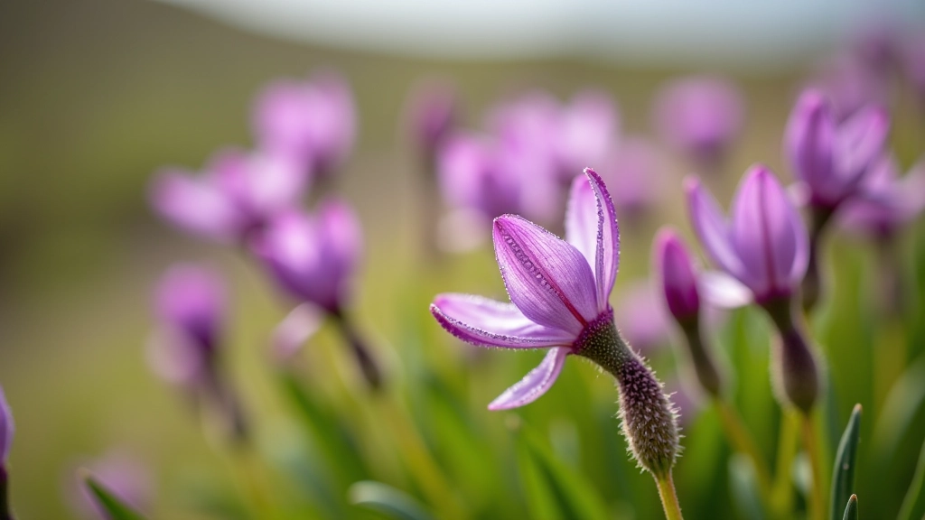 Detailed close-up of purple and pink wildflowers with delicate petals, green stems and foliage, morning dew visible, professional macro photography