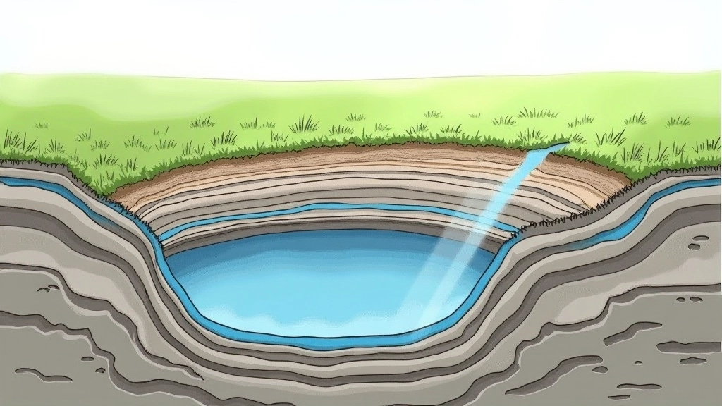 Cross-section diagram showing limestone bedrock with underground water channels beneath green field surface, water table visible