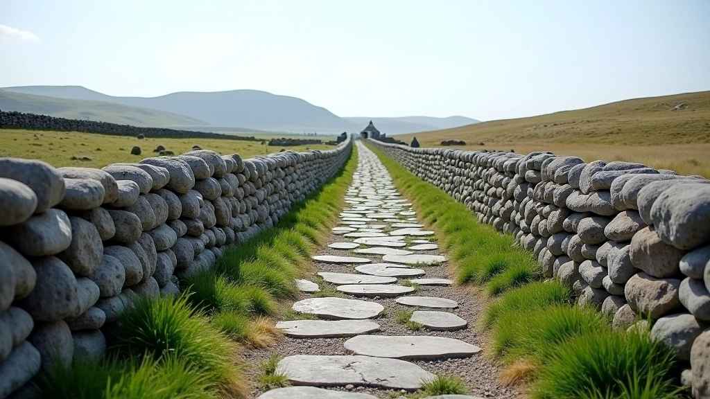 Limestone pavement path winding through Burren landscape, dry stone walls on sides, clear day with blue sky