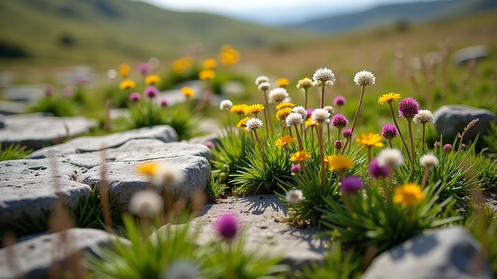 Detailed view of Burren limestone pavement with vibrant wildflowers and natural botanical textures