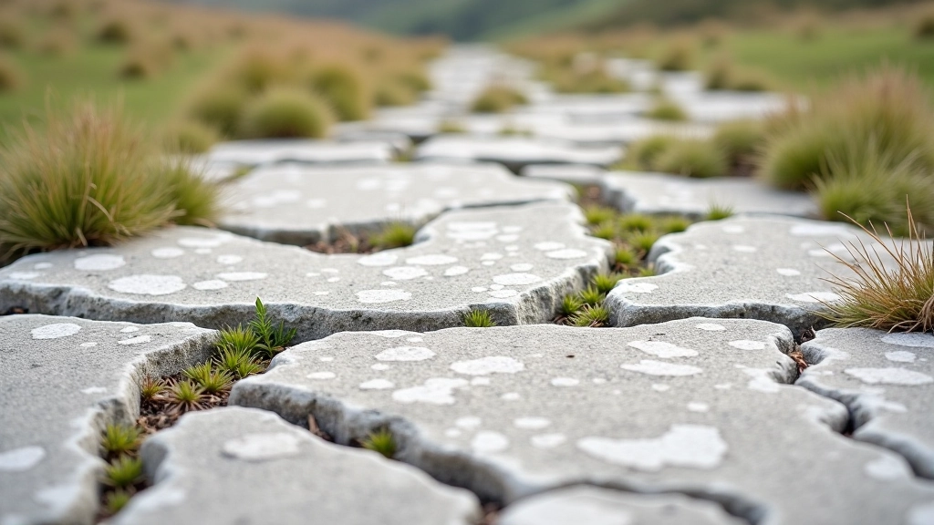 Close-up of limestone pavement showing the distinctive grey stone surface and deep cracks, with small wildflowers growing between the rocks