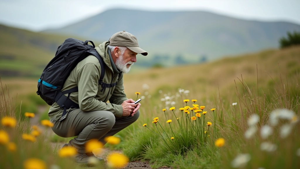 Person crouching down to examine wildflowers closely, natural daylight, limestone terrain, respectful nature observation pose
