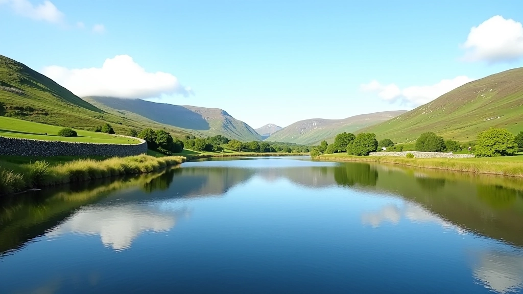 Seasonal turlough lake reflecting the sky, surrounded by green fields and traditional stone walls