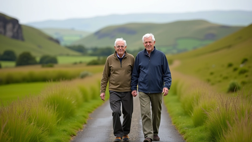 Senior couple walking on a quiet country path with rolling green hills and limestone cliffs in the background