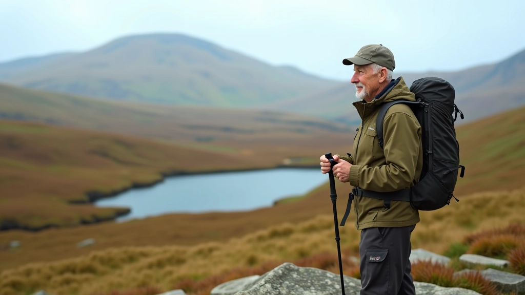 Hiker standing on limestone pavement looking out over green valleys and distant hills, resting with walking poles in hand