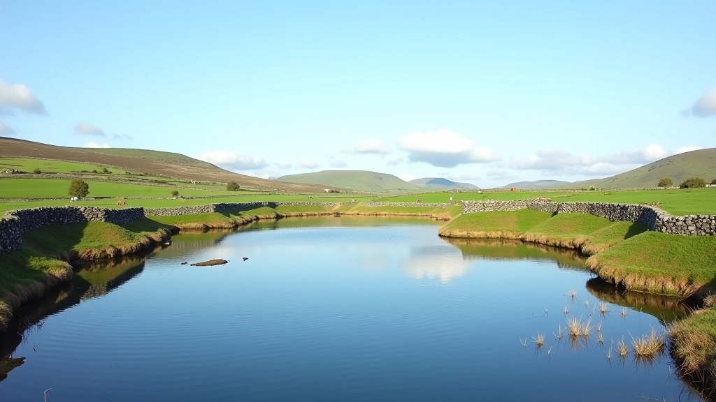 Seasonal turlough lake filled with water, reflecting blue sky, surrounded by green fields and stone walls in Clare