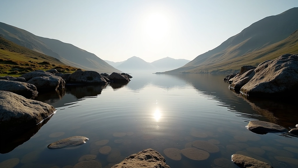 Seasonal turlough lake partially filled with water, limestone rocks reflected in water, early morning light