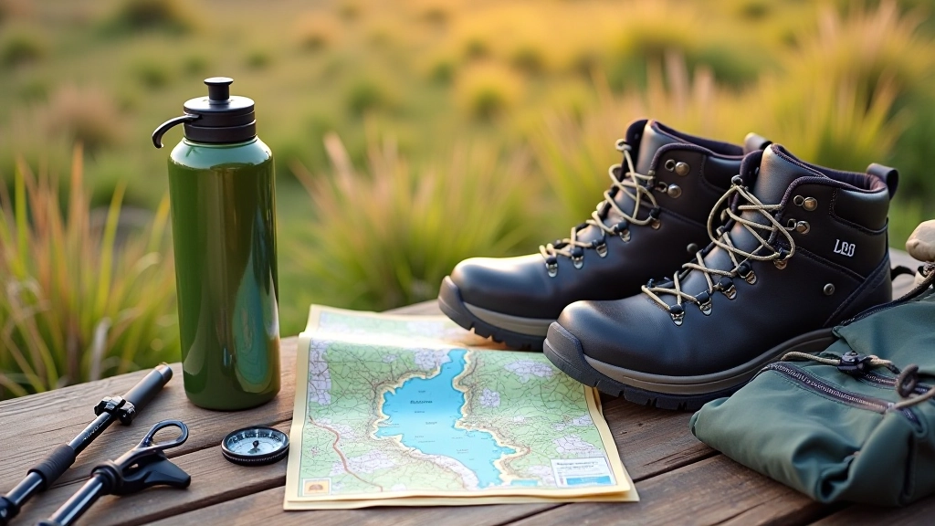Hiking boots, walking poles, a water bottle, and a map laid out on a wooden table, ready for a day's walking