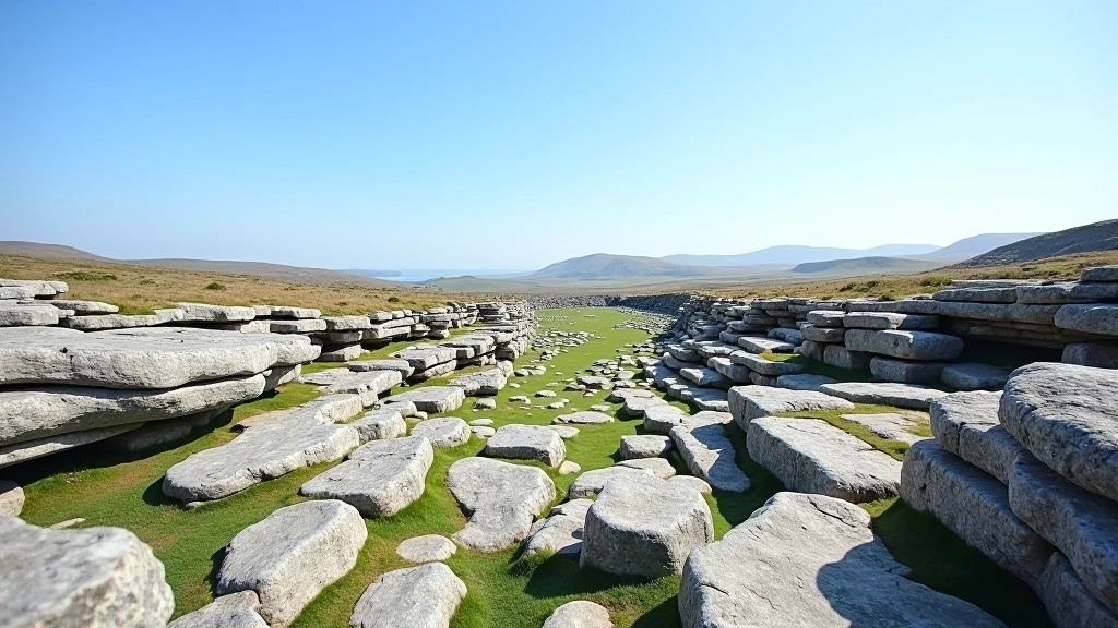 Dramatic limestone pavement formations of the Burren with layers of pale stone under clear blue sky