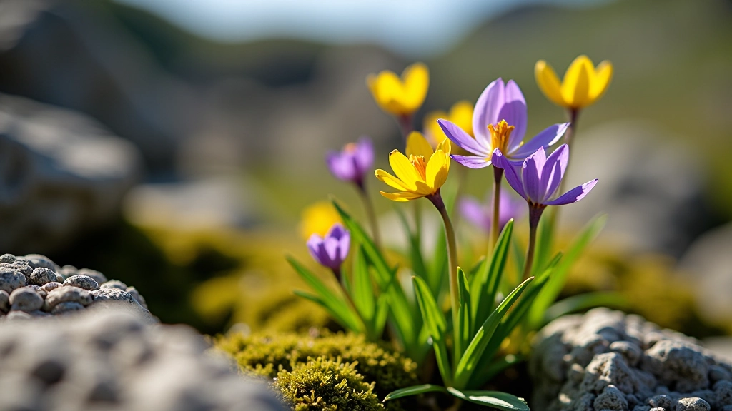 Close-up of wildflowers growing between limestone rocks, purple and yellow blooms in natural sunlight