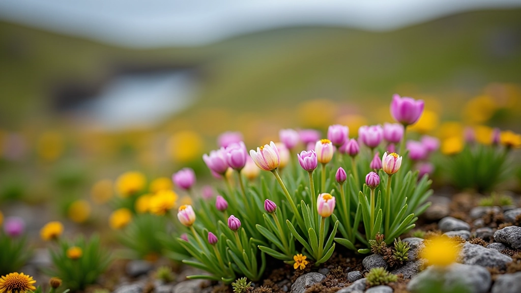 Close-up of wildflowers blooming among limestone rocks with moss and vegetation