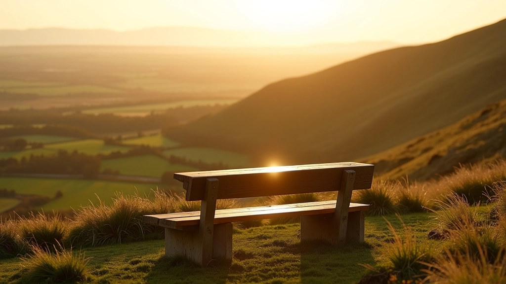 Wooden bench on hillside overlooking Burren landscape, perfect rest spot, sunset light